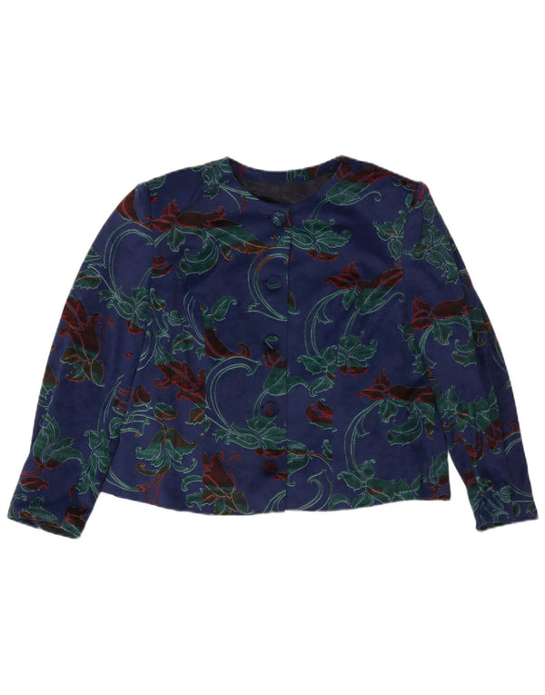 Cardigan feminino vintage UK 14 grande azul floral