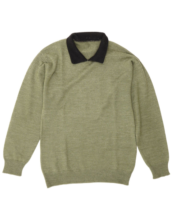 Suéter masculino vintage com gola polo e bloco colorido verde médio