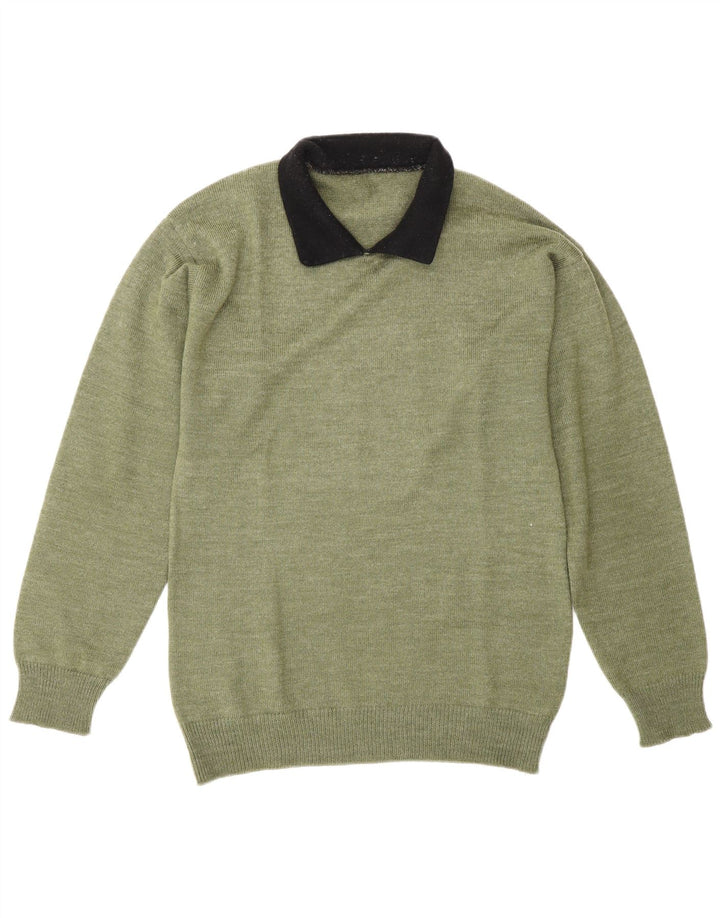 Suéter masculino vintage com gola polo e bloco colorido verde médio