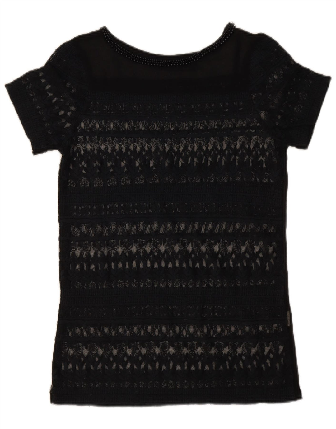 Top feminino Zara de renda transparente Reino Unido 6 XS azul marinho