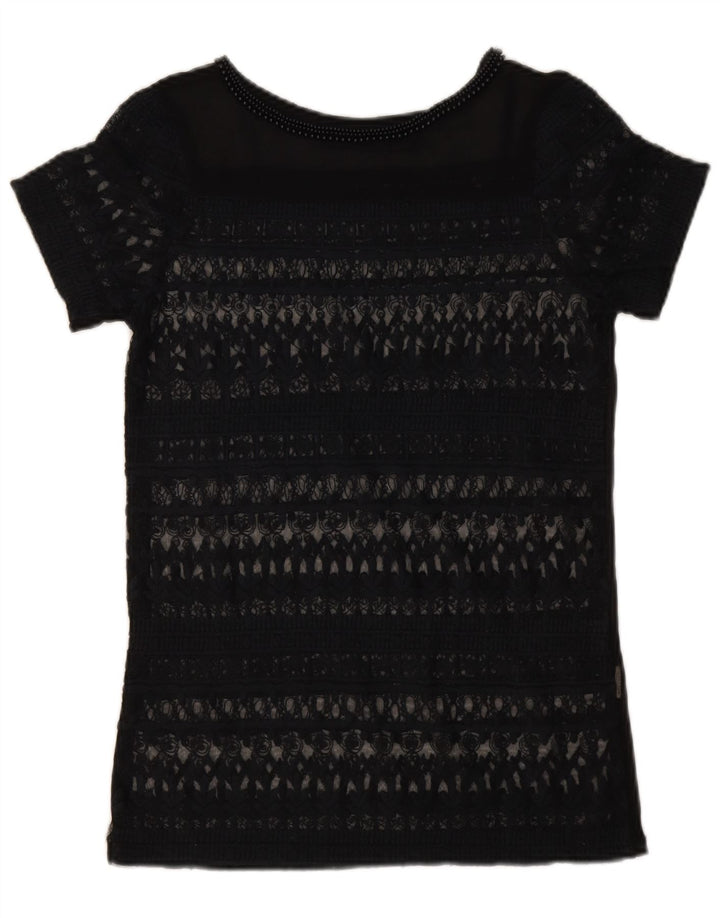 Top feminino Zara de renda transparente Reino Unido 6 XS azul marinho