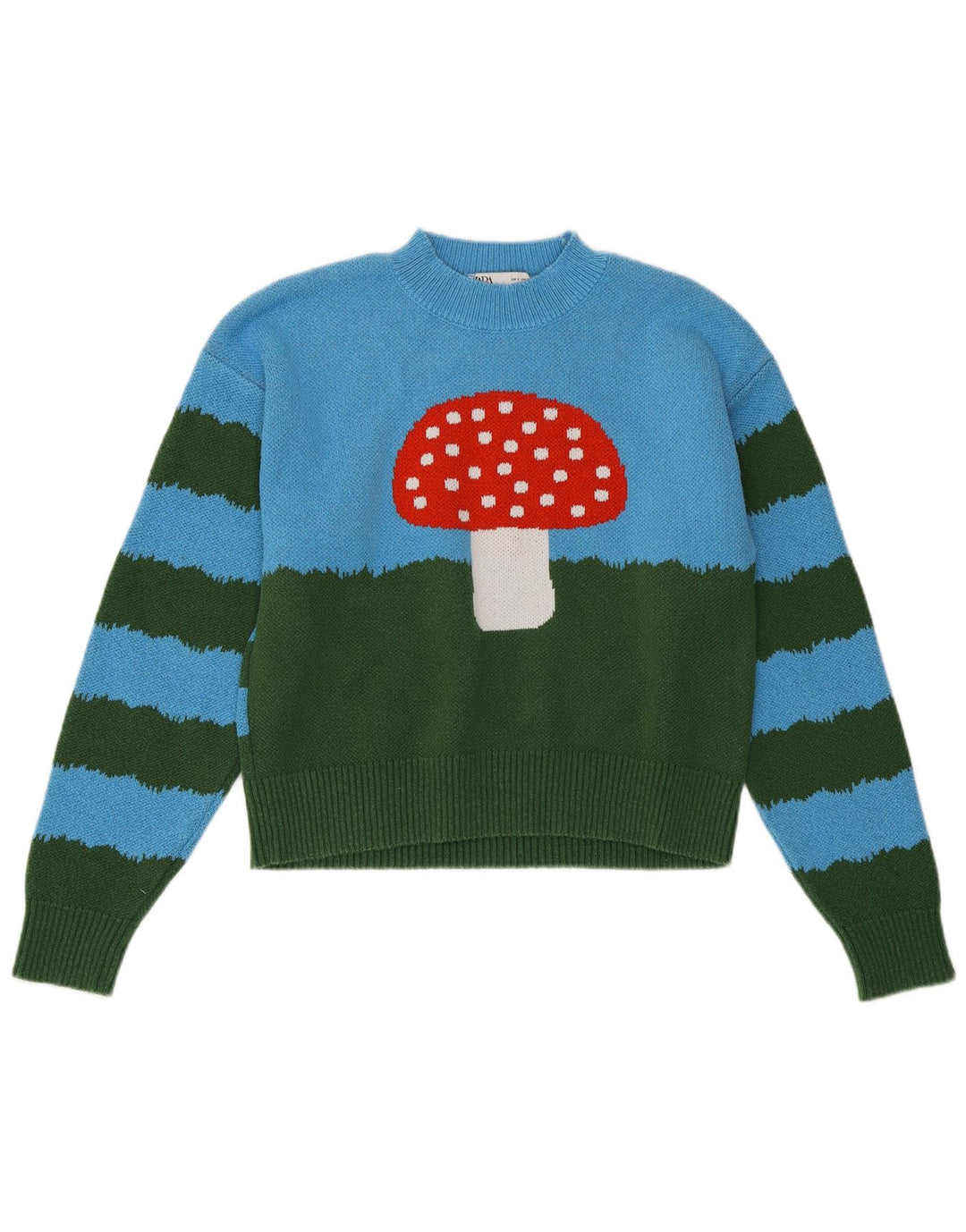 Suéter feminino ZARA com gola redonda e gola redonda, bloco colorido azul pequeno, Reino Unido 10