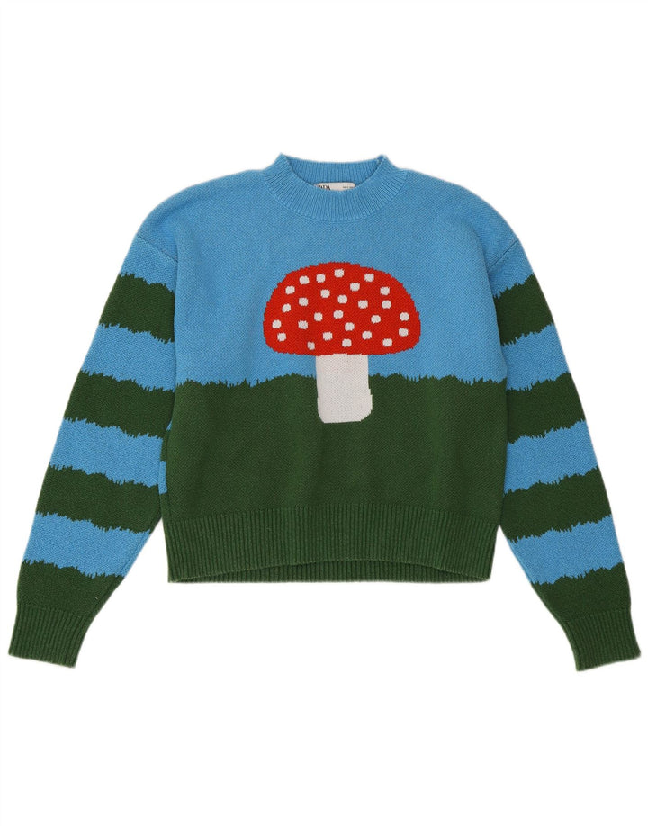 Suéter feminino ZARA com gola redonda e gola redonda, bloco colorido azul pequeno, Reino Unido 10