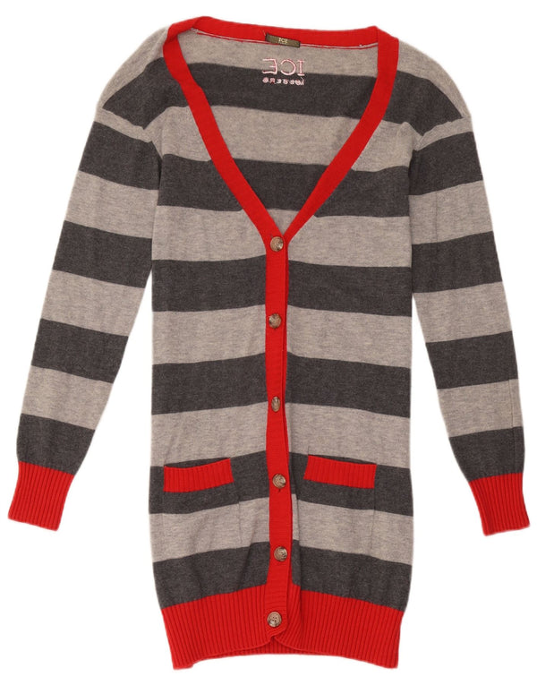 Suéter cardigã feminino Iceberg Longline Reino Unido 10 lã listrada cinza pequena