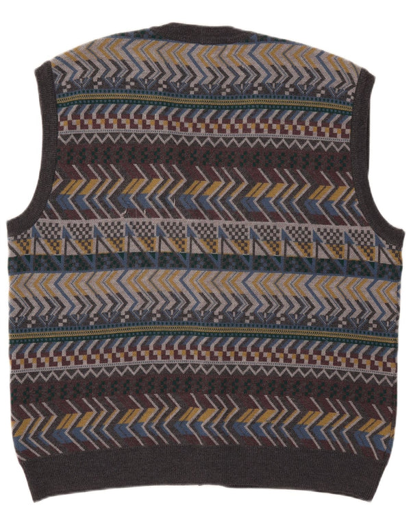 Suéter cardigã masculino vintage sem mangas IT 56 XL lã geométrica cinza