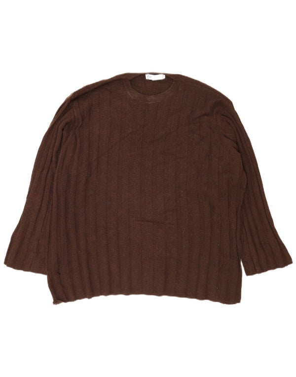Zara Suéter feminino oversized com gola redonda Reino Unido 14 médio marrom poliamida