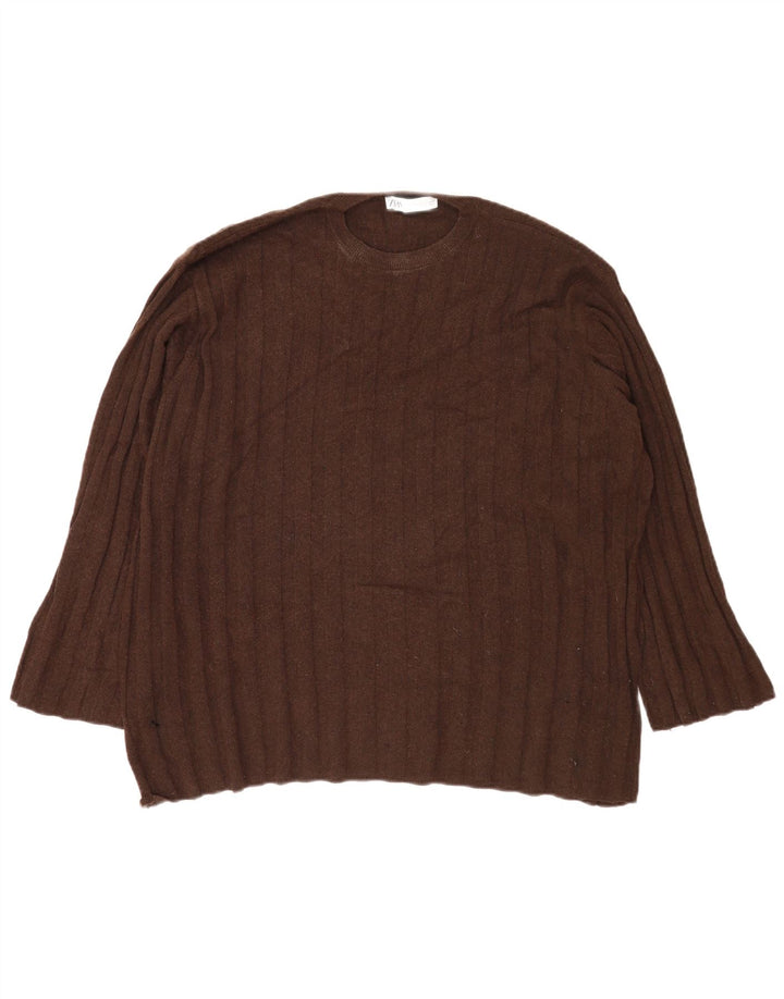 Zara Suéter feminino oversized com gola redonda Reino Unido 14 médio marrom poliamida
