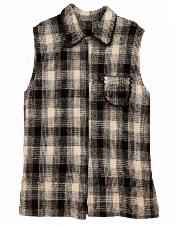 Suéter cardigã feminino vintage sem mangas UK 12 xadrez multicolorido médio