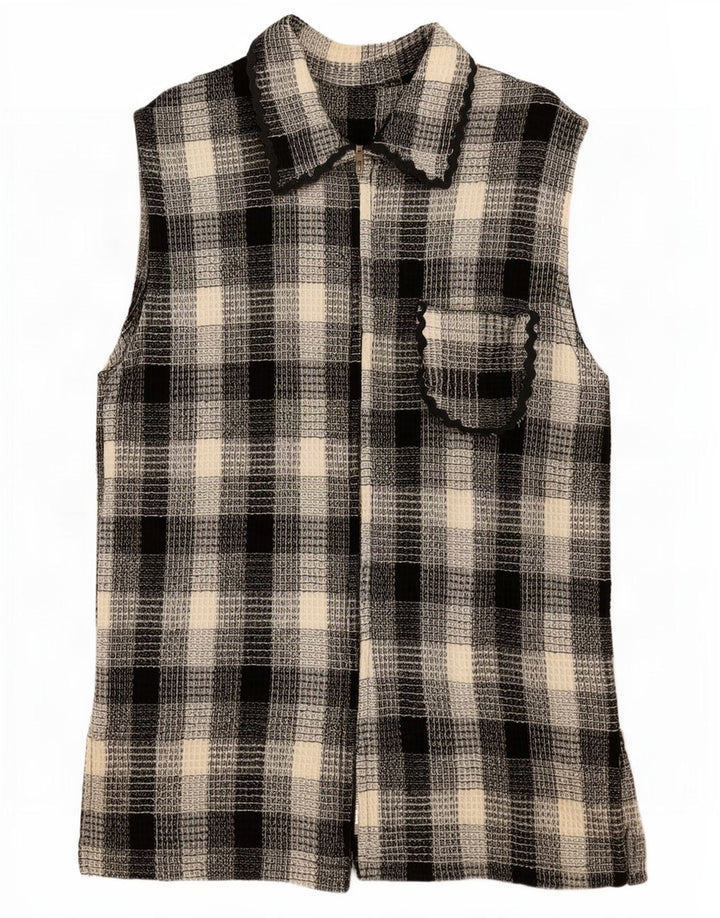 Suéter cardigã feminino vintage sem mangas UK 12 xadrez multicolorido médio