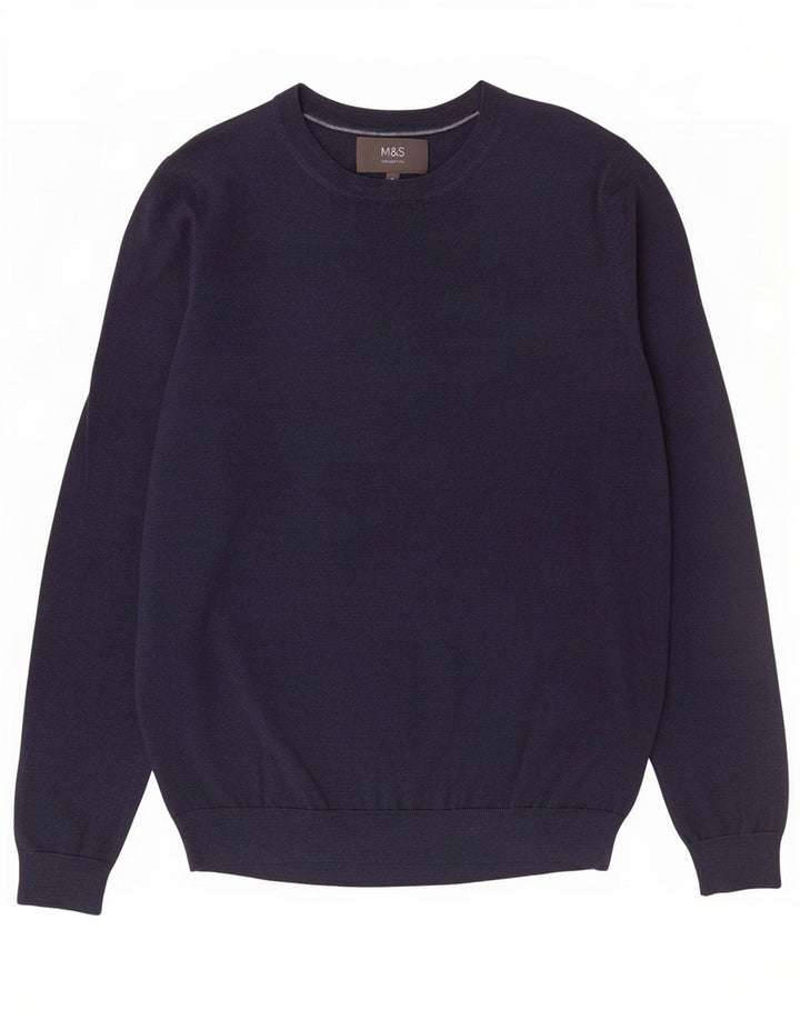 Suéter masculino Marks & Spencer com gola canoa, lã Merino azul marinho médio