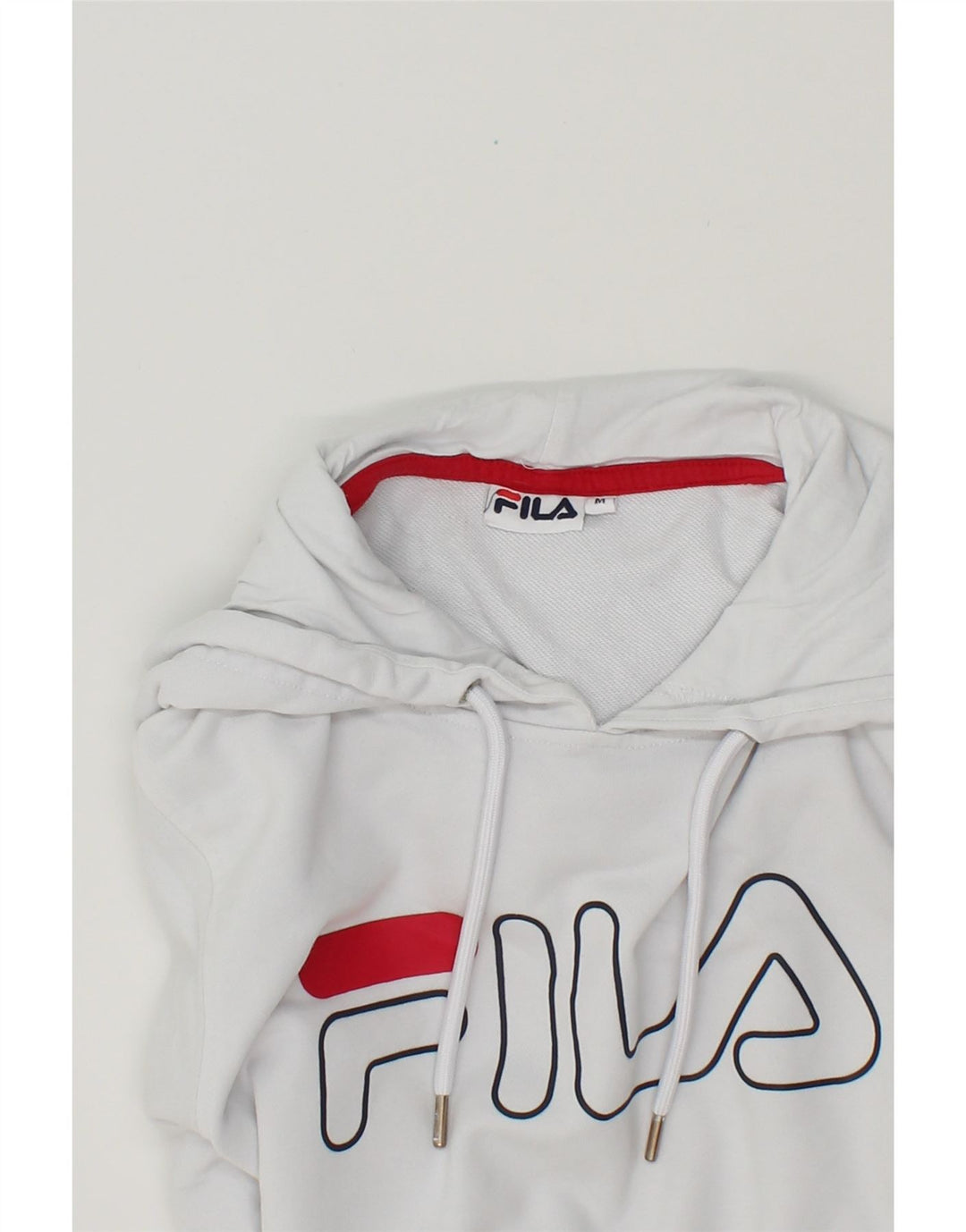 FILA Womens Graphic Crop Hoodie Jumper UK 14 Medium White Cotton Vintage Fila and Second-Hand Fila from Messina Hembry 