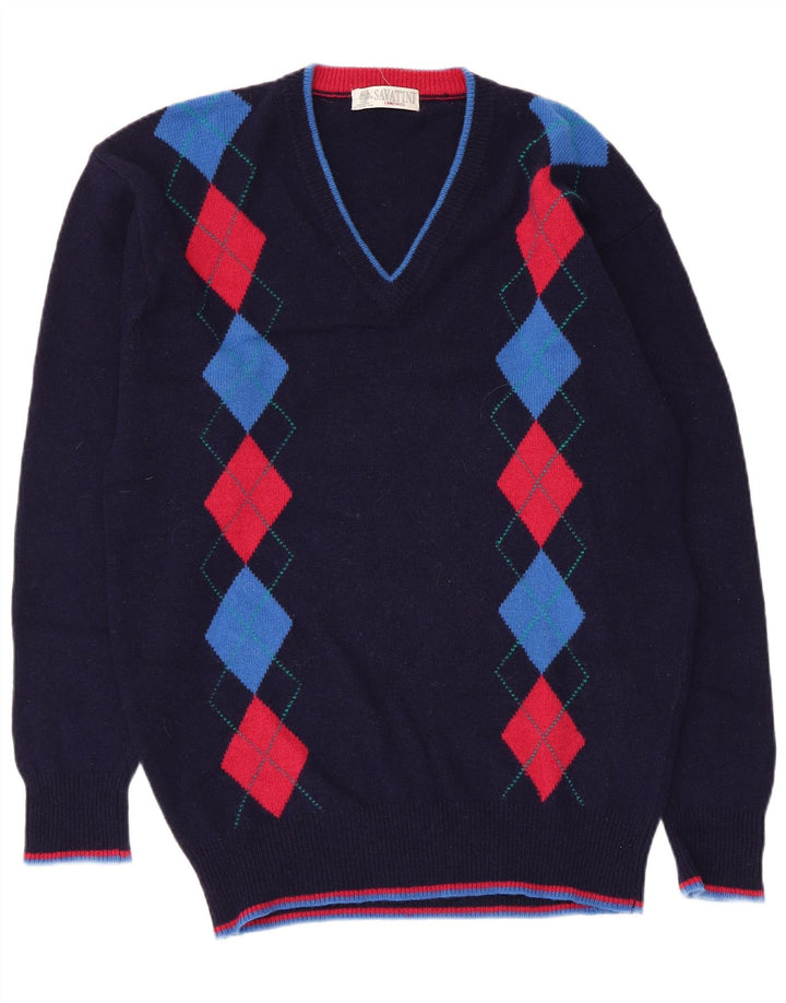 Suéter vintage masculino com decote em V médio azul marinho Argyle/Diamante