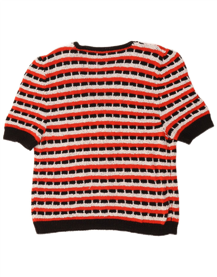 Suéter cardigã feminino vintage UK 14 médio listrado multicolorido