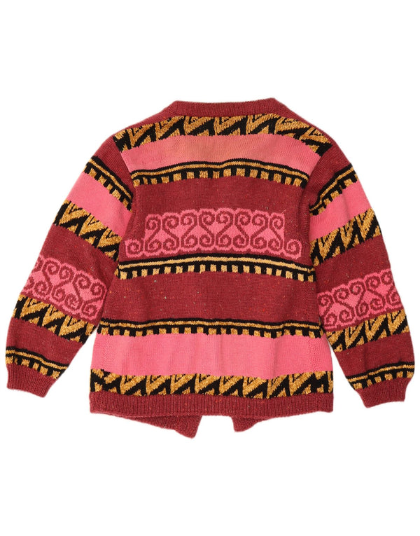 Suéter cardigã aberto feminino vintage Reino Unido 12 vermelho médio geométrico