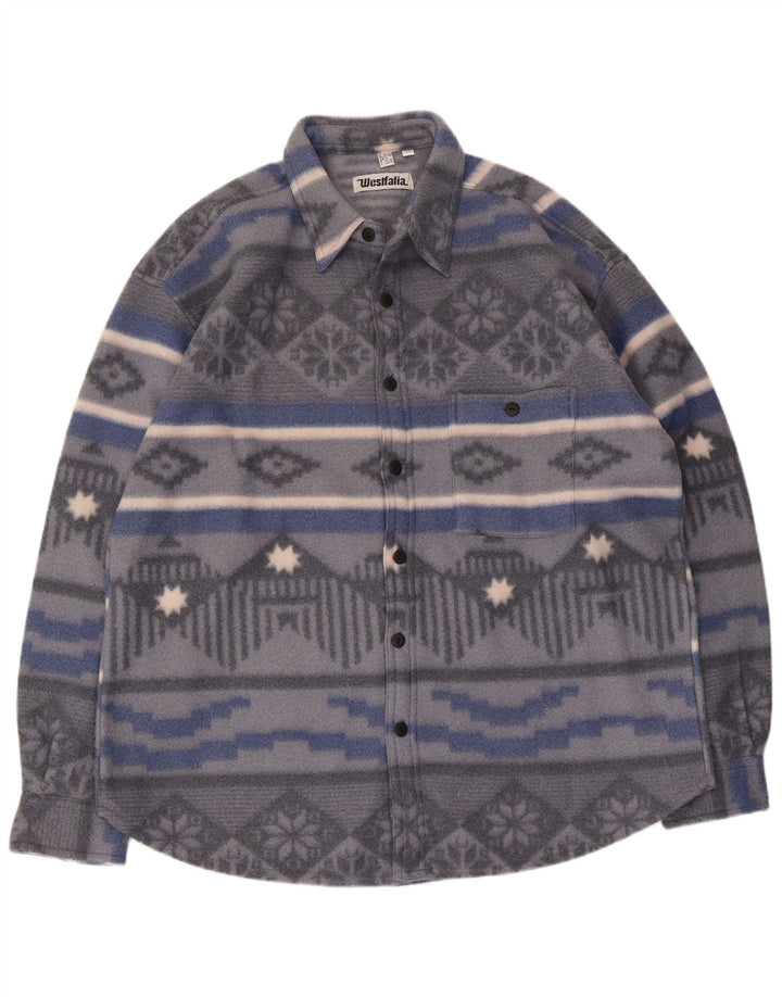 Camisa de lã masculina vintage Reino Unido 15 poliéster geométrico cinza médio