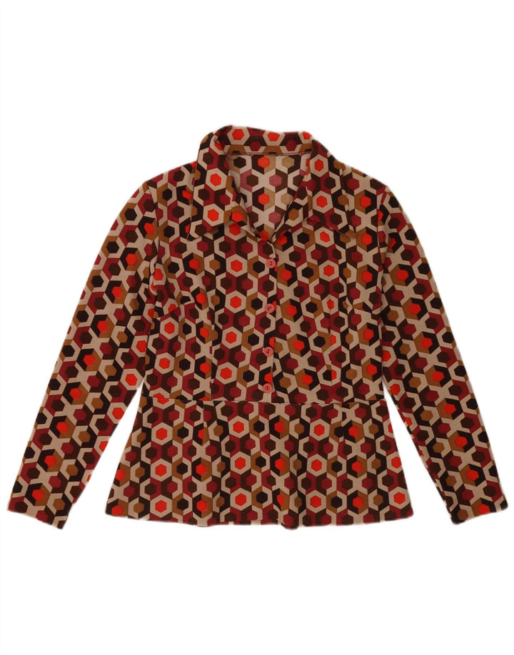 Blusa feminina VINTAGE de manga comprida UK 12 média multicolorida geométrica