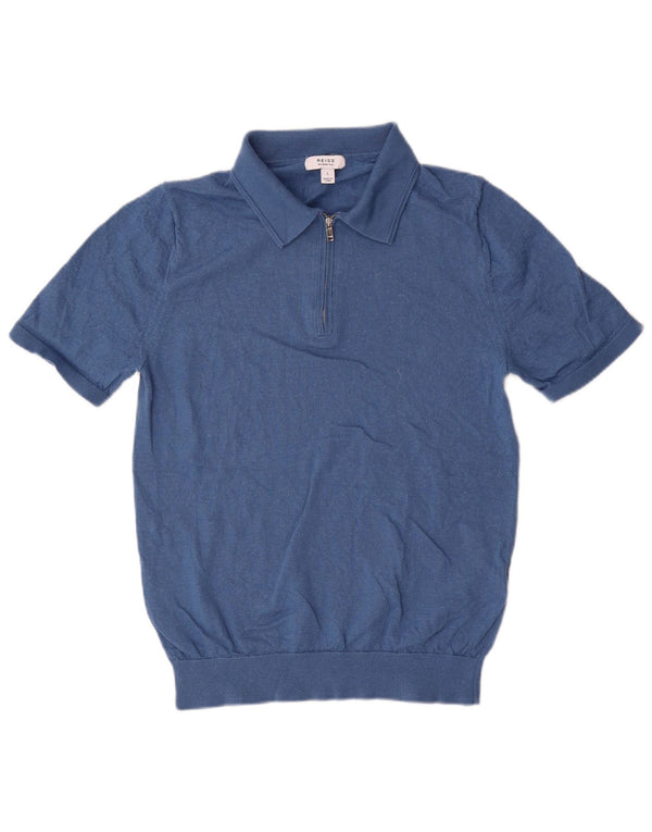 Suéter feminino Reiss de manga curta com gola polo, tamanho UK 14, lã azul grande