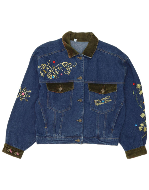 Jaqueta jeans feminina vintage folgada Reino Unido 14 algodão floral azul médio