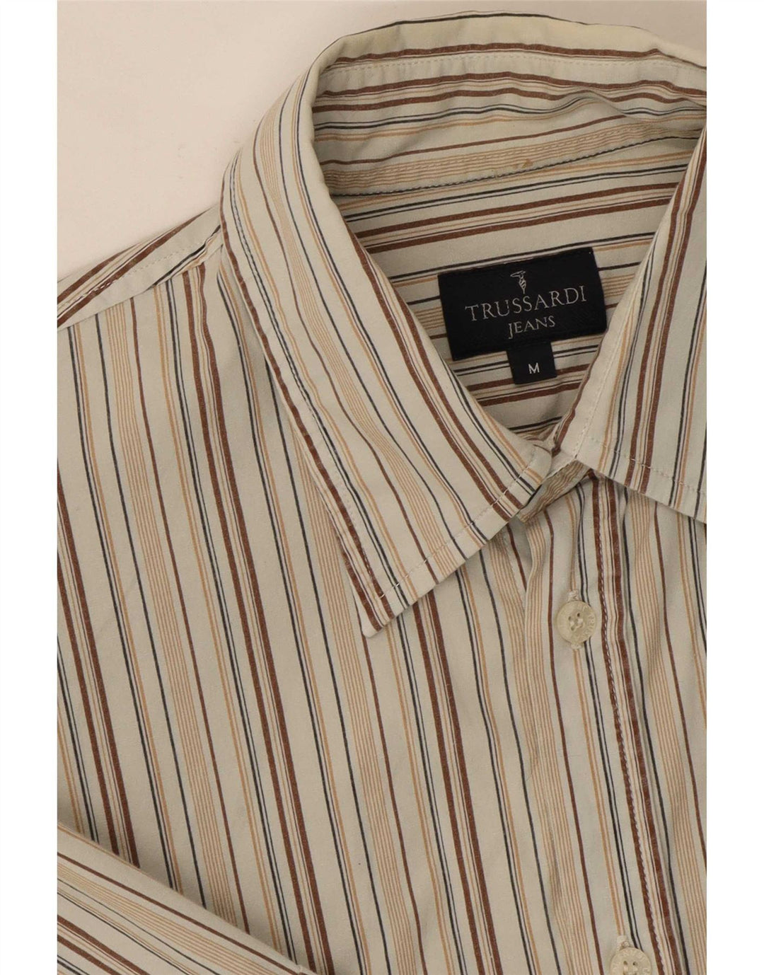 Trussardi Jeans Camisa masculina manga curta listrada bege médio