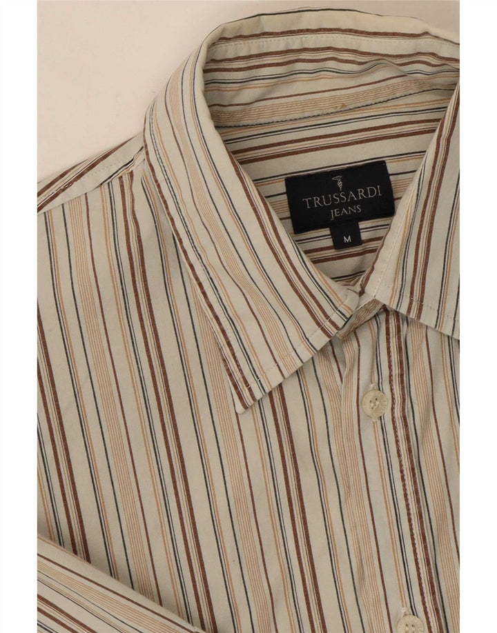 Trussardi Jeans Camisa masculina manga curta listrada bege médio