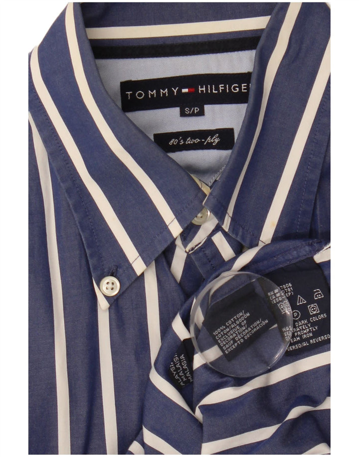 Camisa masculina TOMMY HILFIGER pequena listrada azul marinho algodão anos 80