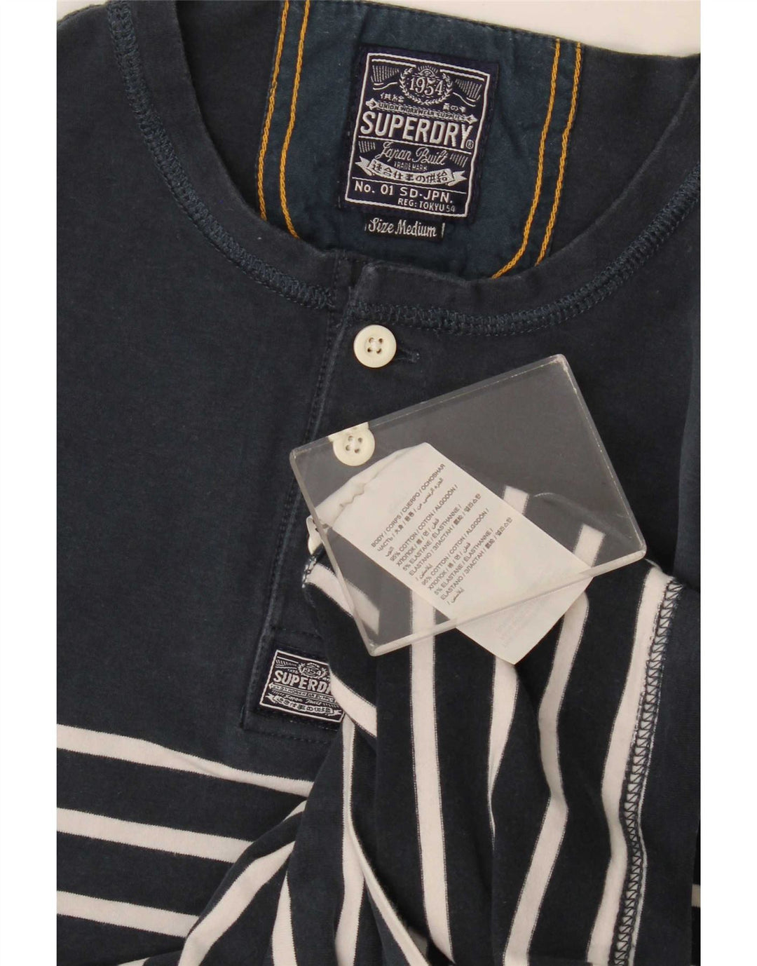 Superdry Mens Regular Top Manga Longa Médio Azul Marinho Listrado Algodão