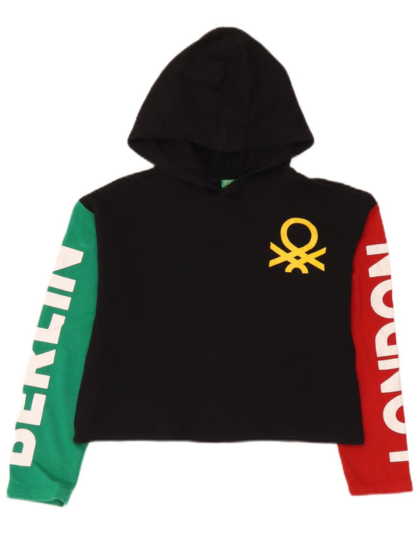 Suéter com capuz gráfico Crop feminino Benetton 10-11 anos XL preto colorblock