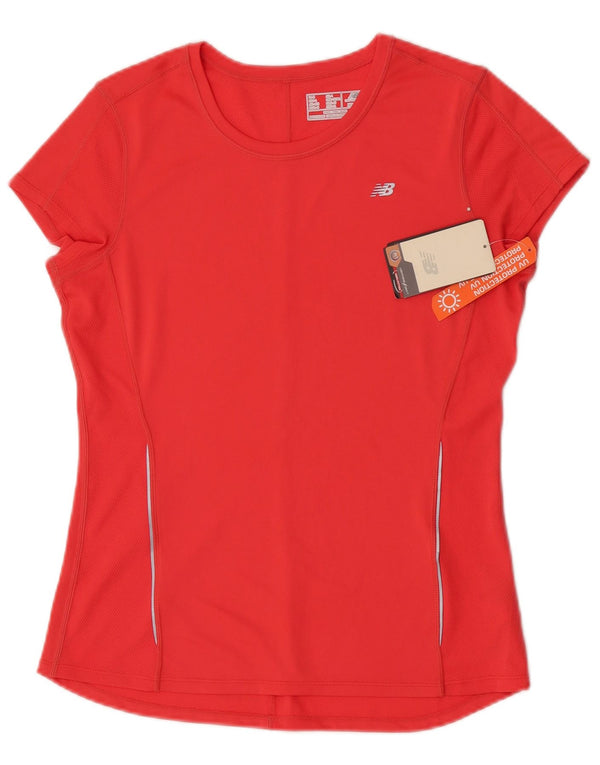 Camiseta feminina New Balance UK 14 grande poliéster vermelho