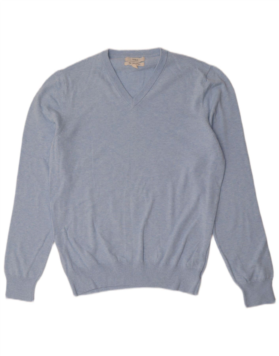 Suéter masculino Marks & Spencer com decote em V de algodão azul médio