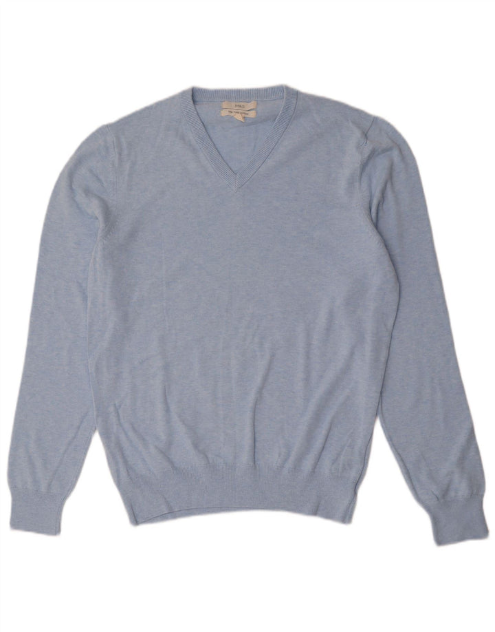 Suéter masculino Marks & Spencer com decote em V de algodão azul médio