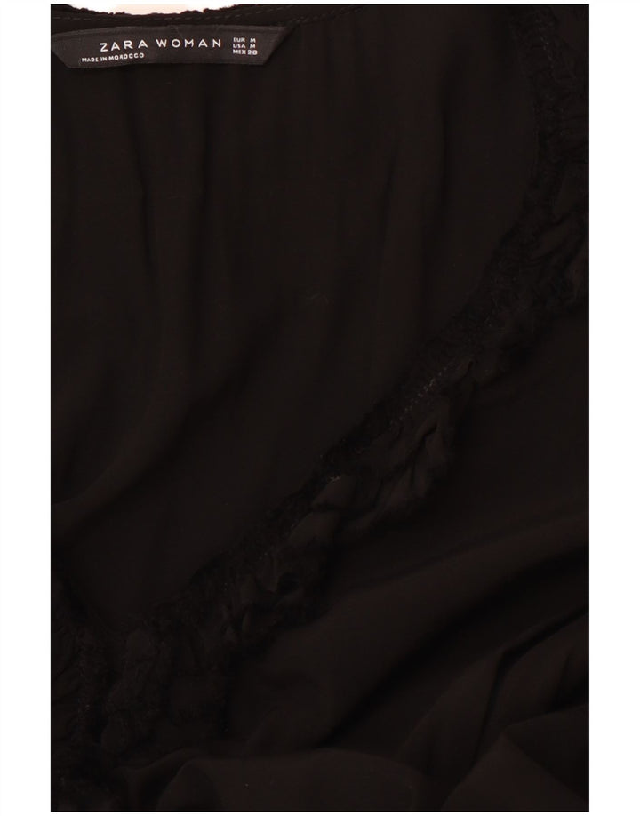 ZARA Vestido feminino com babados na frente e manga comprida evasê Reino Unido 12 médio preto
