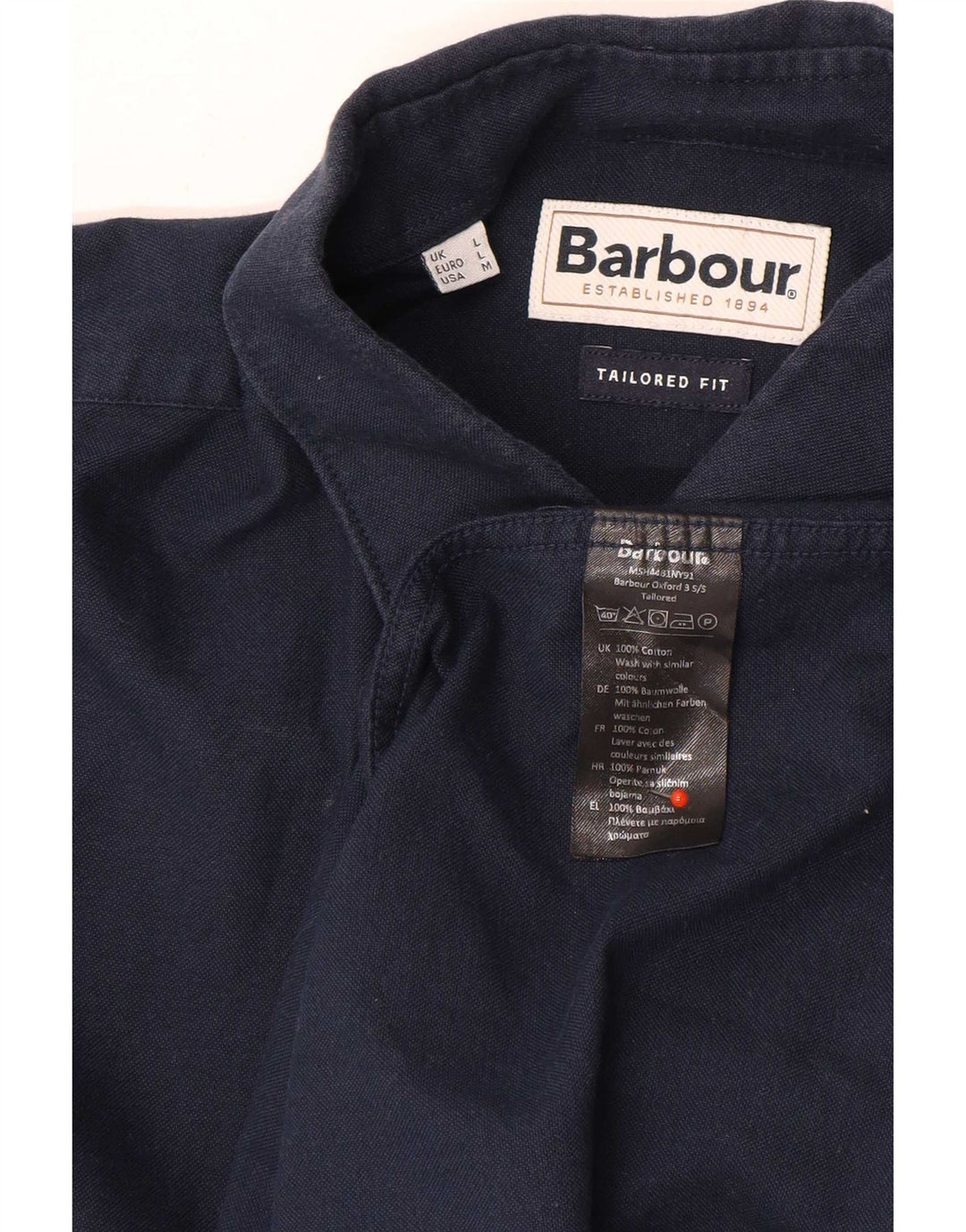 Camisa masculina Barbour Tailored Fit de manga curta de algodão azul marinho médio