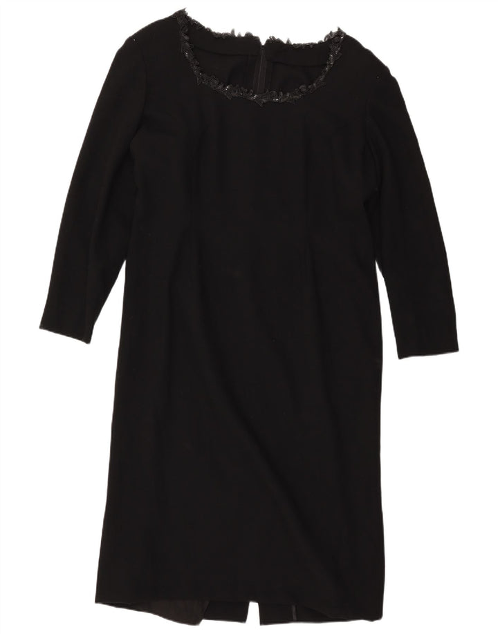 Vestido feminino VINTAGE manga comprida com bainha UK 14 grande preto