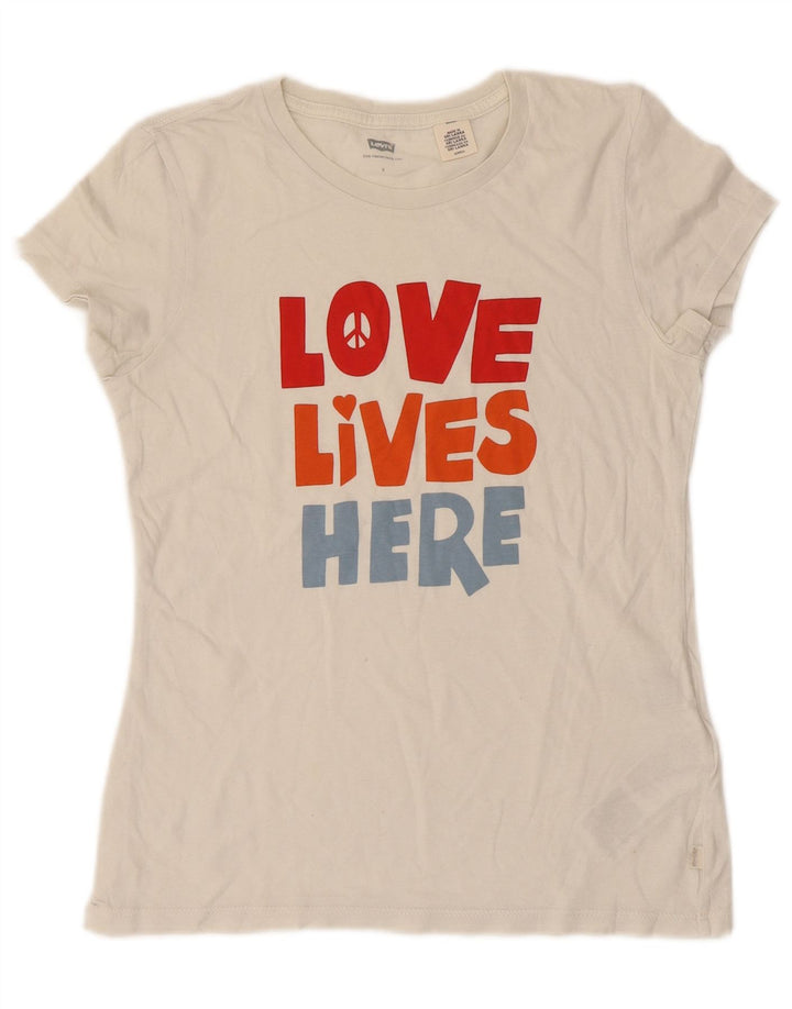 Camiseta feminina gráfica Levi's UK 8 pequena algodão branco