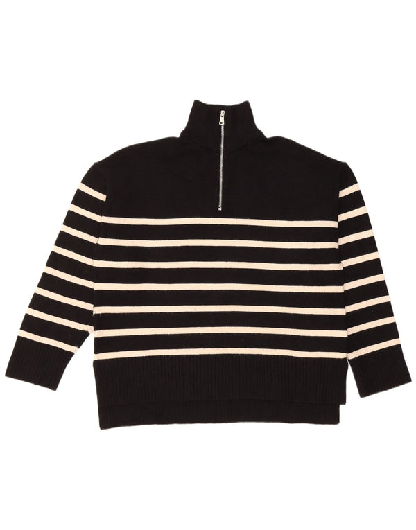 Zara Womens Zip Neck Jumper Sweater UK 14 Medium Black Striped Viscose