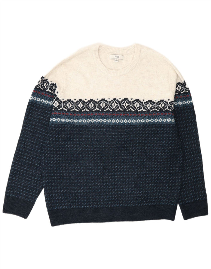 Suéter masculino Marks & Spencer com gola redonda grande turquesa Fair Isle