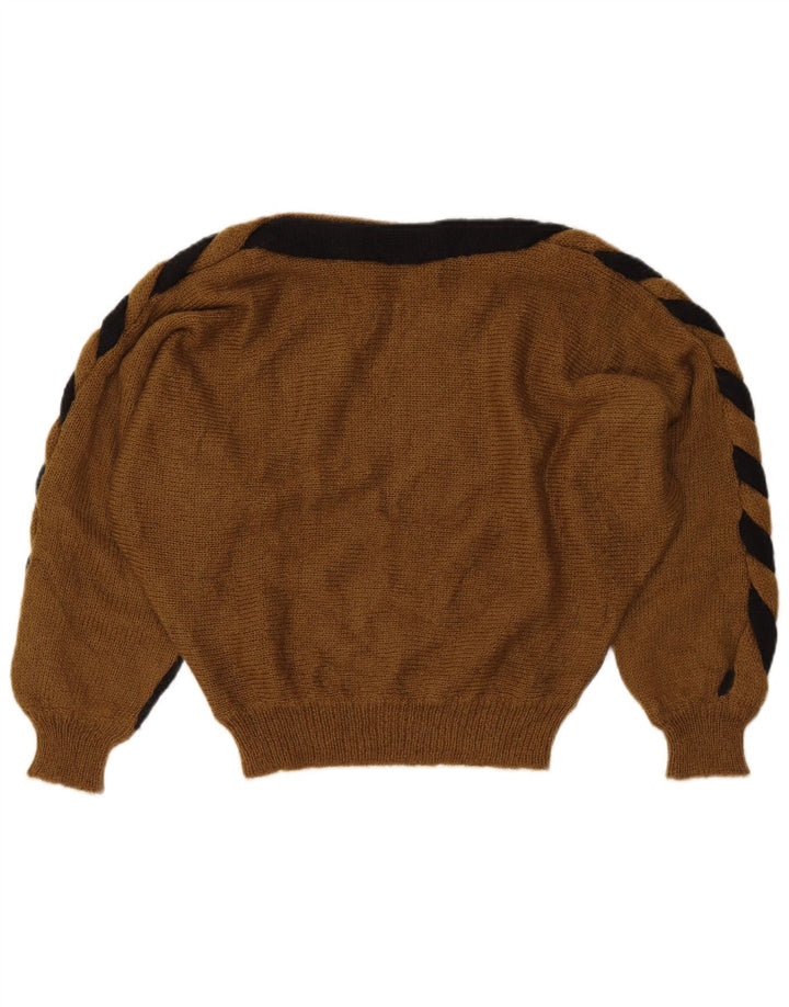 Suéter feminino VINTAGE com gola canoa UK 14 bloco colorido preto médio