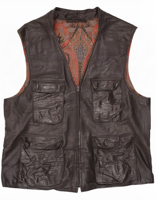 Vintage Mens Leather Utility Gilet UK 38 Médio Preto