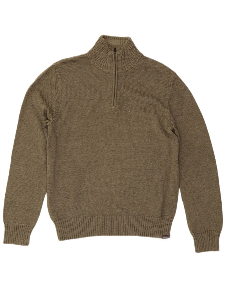 Suéter masculino EDDIE BAUER com zíper e gola pequena de algodão cáqui