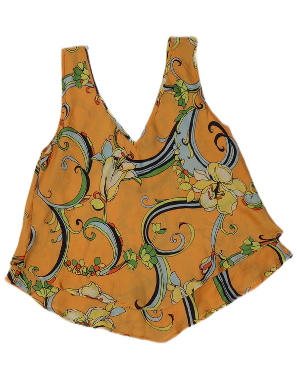 Blusa feminina vintage sem mangas UK 14 médio laranja floral
