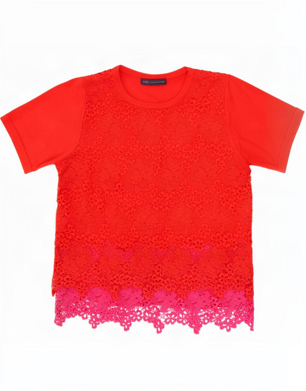 Blusa feminina de renda Marks & Spencer Reino Unido 12 poliéster floral vermelho médio