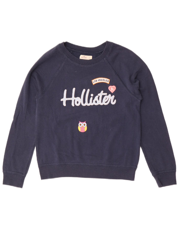 Hollister moletom feminino gráfico jumper UK 10 pequeno algodão azul marinho