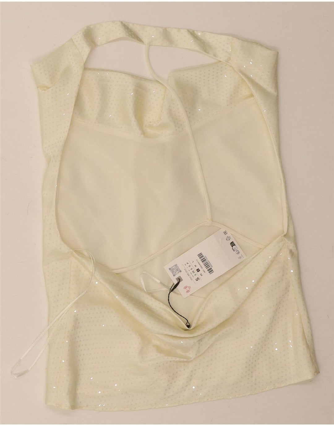 Top feminino Zara com ombro de fora UK 10 pequeno poliéster manchado esbranquiçado