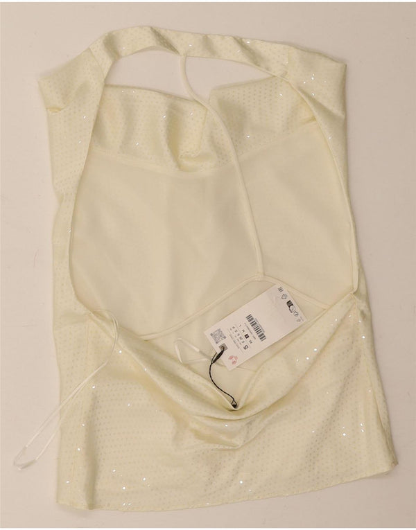 Top feminino Zara com ombro de fora UK 10 pequeno poliéster manchado esbranquiçado