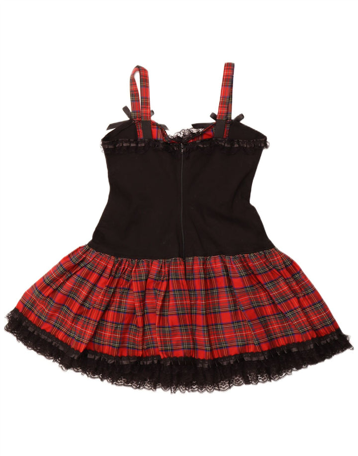 Vestido feminino VINTAGE sem mangas em linha A Reino Unido 16 grande algodão xadrez vermelho