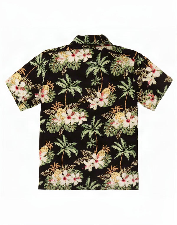 Camisa masculina vintage de manga curta média preta floral viscose havaiana