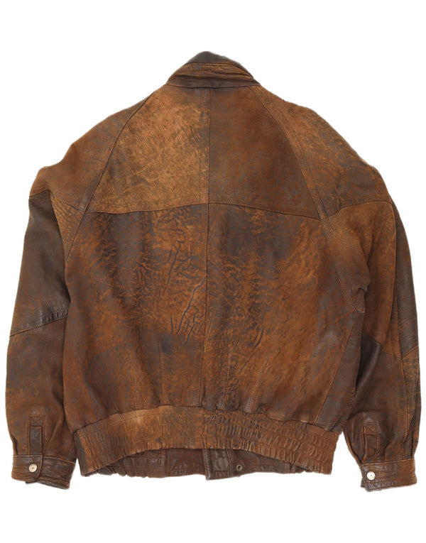 Jaqueta bomber masculina de couro Gina Bacconi Reino Unido 36 pequena marrom patchwork retrô
