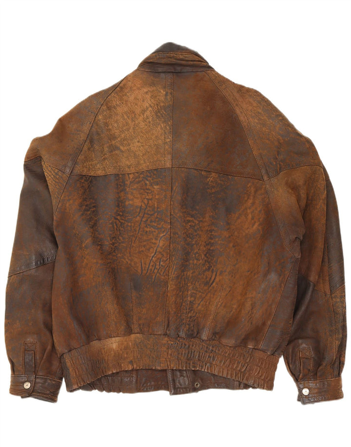 Jaqueta bomber masculina de couro Gina Bacconi Reino Unido 36 pequena marrom patchwork retrô