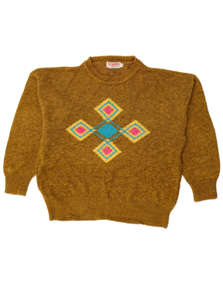 Suéter feminino VINTAGE com gola redonda Reino Unido 14 médio cáqui Argyle/Diamante