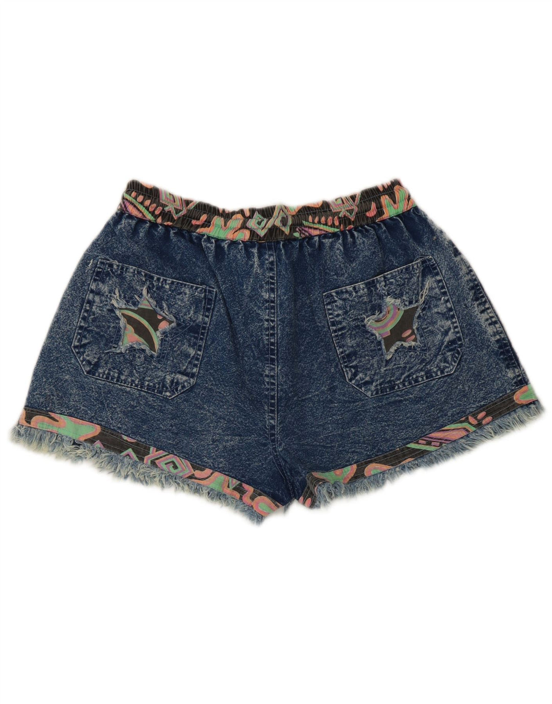 Shorts jeans feminino vintage médio W28 patchwork azul
